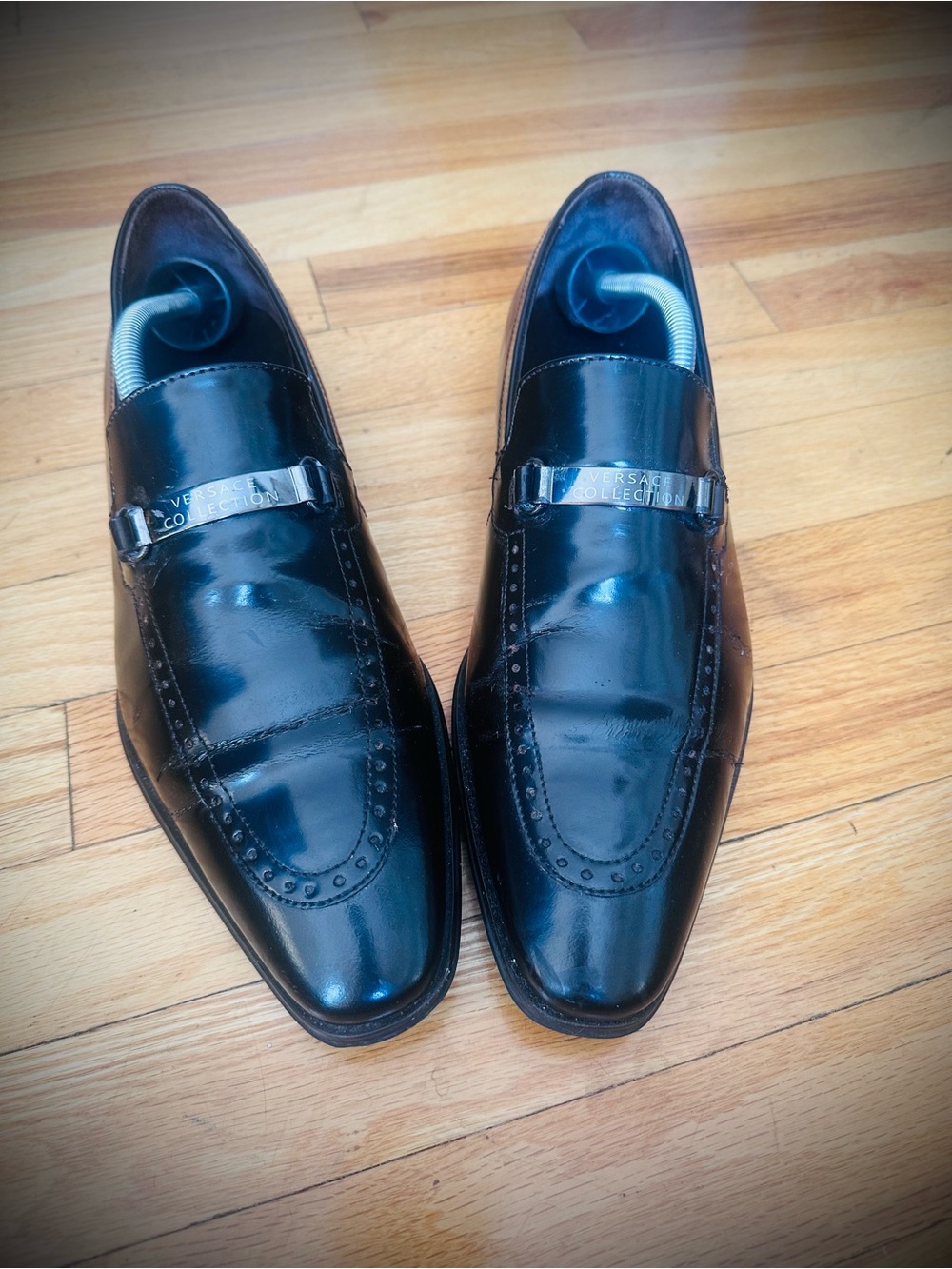 Versace Collection Black Leather Metal-Bit Slip-On Loafers